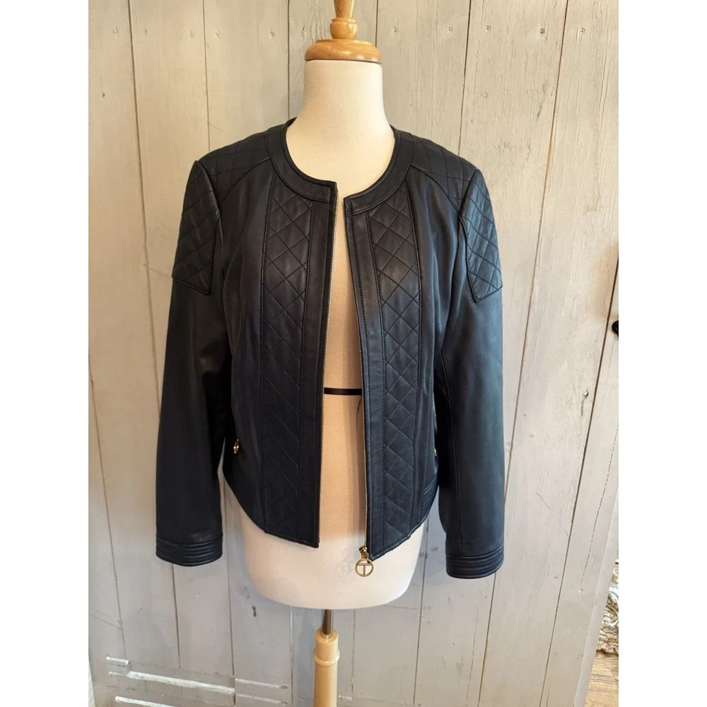 Tory‎ Burch Ryder Leather Jacket Soft Moto Gold Zip Sz-Lg Dark Navy NEW Rt 998$